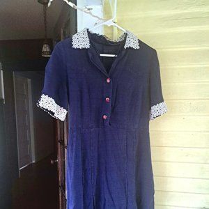 Vintage Navy Dress, White Floral Lace, Size L, 10, Classy Dark Blue Dress